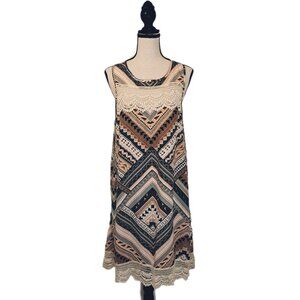 Young at Heart Crochet Aztec Geometric Shift Dress Sleeveless Southwestern Sz L